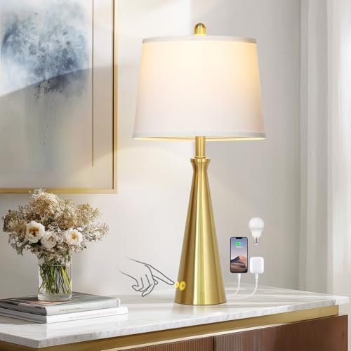 Rinweey 28" Modern Gold Touch Table Lamp for Living Room,Gold Bedside Lamps with USB A+C Ports - Gold Metal Table Lamp Set for Nightstand, End Table - 1 LED Bulb Included
