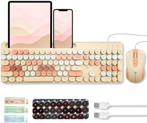 X9 Wired Keyboard and Mouse Combo with Phone/Tablet Holder - Full-Sized 109 Keys Pastel Keyboard and Adjustable DPI, Backlit Keyboard and Mouse for PC, Windows, MAC, Desktop, Laptop - Brown