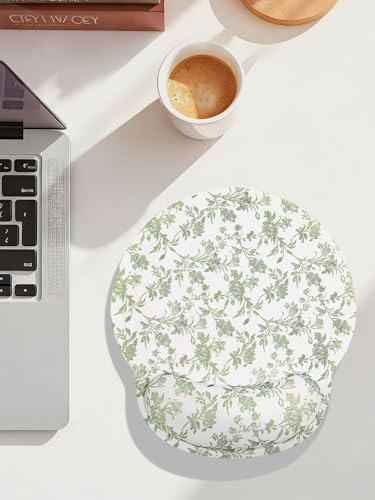 Seorsok Cute Sage Green Floral Mouse Pad with Gel Wrist Support Mouse Pad,Ergonomic Aesthetic,Comfort Mousepad for Office Work Computer,Pain Relief Mousepad with Non-Slip Silicone Base,Blooming Flower