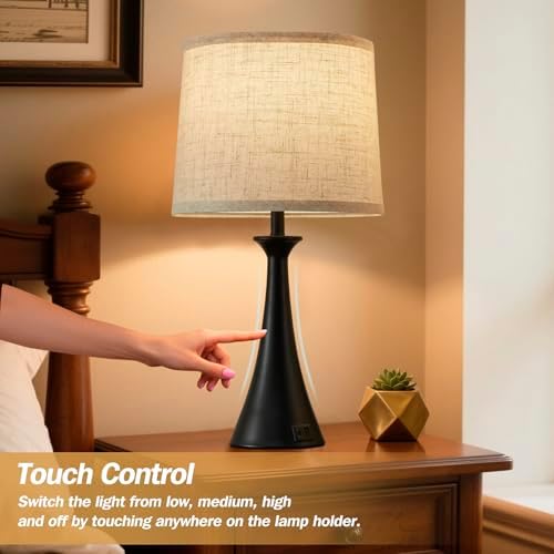 Touch Table Lamps Set of 2, 21" Bedside Lamps with USB C+A, Black