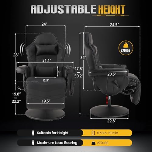 Massage Gaming Recliner Chair with Cup Holder & Side Pockets – Ergonomic PU Leather Video Gaming Chair with Footrest, Manual Recline, Headrest & Lumbar Support for Office or Game Room (Black)