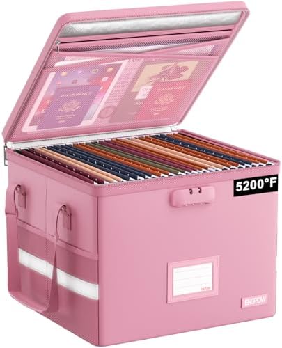 ENGPOW 5200°F File Box Fireproof Document Box with Lock,Heat Insulated Collapsible File Storage Organizer Box with Handle,Portable Home Office File Cabinet for Hanging Letter/Legal Size Folder, Pink