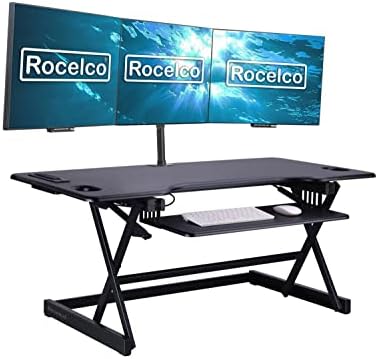 Rocelco 46" Standing Desk Converter with AC USB Charger and Triple Monitor Mount Arm - Height Adjustable Sit Stand Up Three Screen Riser Workstation - Keyboard Tray - Black (R DADRB-46-ACUSB-DM3)