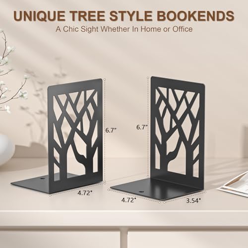 VFINE 8-Piece Metal Bookends for Shelves, Black Tree Book Ends for Books, Decorative Desk Book Organizer, Non-Skid Shelve Bookends for Home Office Shcool Supplies
