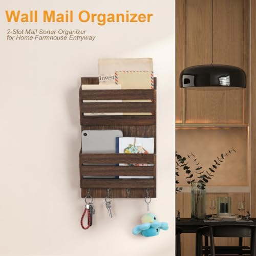 MOOACE Mail Organizer Wall Mount, Wood Mail and Key Holder with Hooks