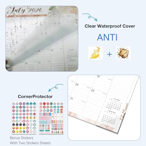 2026-2027 Desk Calendar - 18 Month Desk Calendar 2026-2027, Jul 2026 - Dec 2027, 17" x 12", Large Monthly Desktop Calendar with Daily Blocks, Thick Paper, Corner Protectors - Floral (2 Stickers Included)