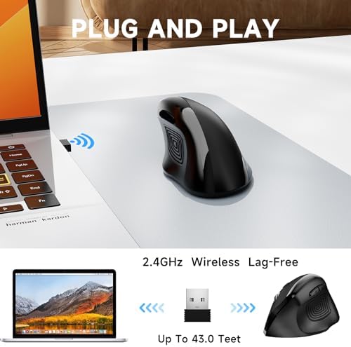 memzuoix Ergonomic Wireless Mouse, 2.4G Optical Cordless, 800/1200/1600 DPI, Vertical Computer Mouse for Laptop, Mac, PC, Desktop (Right Hand, Large) - Black