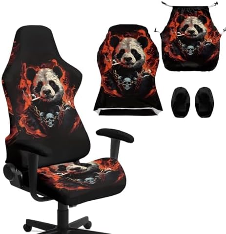 Panda Print Gaming Chair Cover with Armrest Cover, Scratch Proof Cat Proof Removable Slipcover Skull Universal Stretchable Swivel Desk Chair Protector Washable,4-Piece
