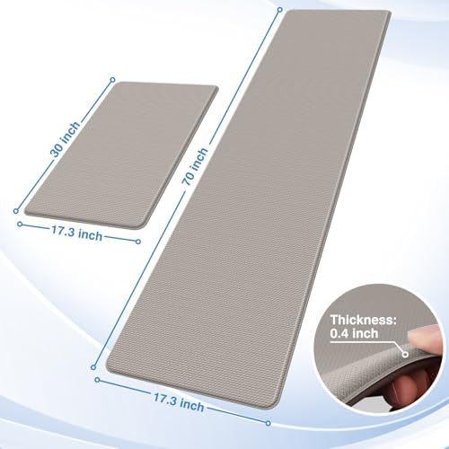 StepRite Kitchen Mats, 2PCS Kitchen Rugs, Cushioned Anti Fatigue Kitchen Mats for Floor, Non-Slip Standing Desk Mat, Waterproof Kitchen Rug Set for Kitchen, Floor, Office, 17.3"x30"+17.3"x70", Khaki