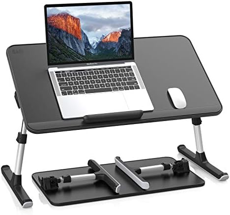 SAIJI PU Leather Laptop Bed Tray Table, Adjustable Laptop Stand with Removable Stopper, Portable Lap Desks with Foldable Legs, Notebook Stand Breakfast Reading Desk for Sofa Couch(Large, Black)