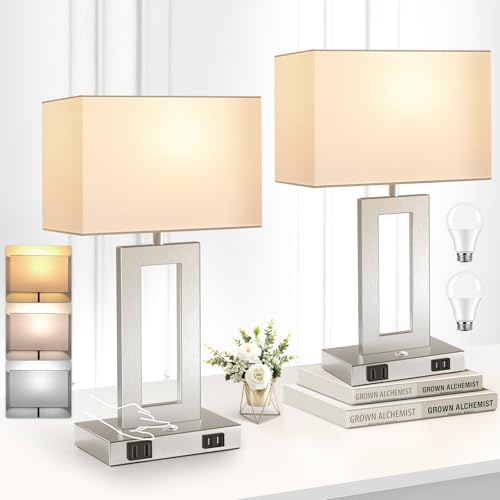 3 Color Temperatures Touch Control Table Lamps Set of 2, Stepless Dimmable Bedside Lamps with 2 USB Ports&AC Outlet, Modern Nightstand Lamps for Bedroom Living Room, Bulbs Included, Silver&White