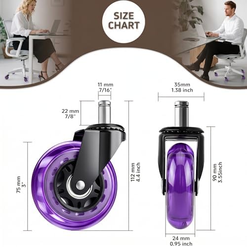 3 Inch Office Chair Wheels, Set of 5 (Purple)