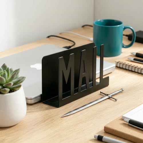 Desk Mail Organizer Holder & Sword Letter Opener Set Cute Modern Office Organizer for Desk Accessories for Women & Men, Reception Countertop Organizer, Home Office Decor（Black）