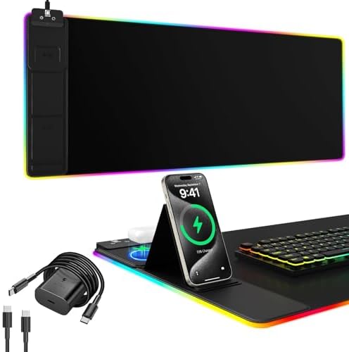 Wireless Charging RGB Mouse Pad with Phone Stand, Large Gaming Desk Mat (Black - 31.5x15.8 Phone Stand with PD Adapter)