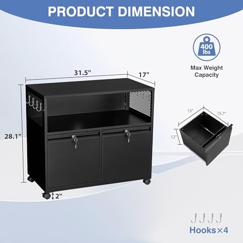Metal File Cabinet,2 Drawer Filing Cabinet with Lock,Rolling Printer Stand Storage Cabinets with Shelves for Home Office Letter/Legal/A4 Size Files(Black)