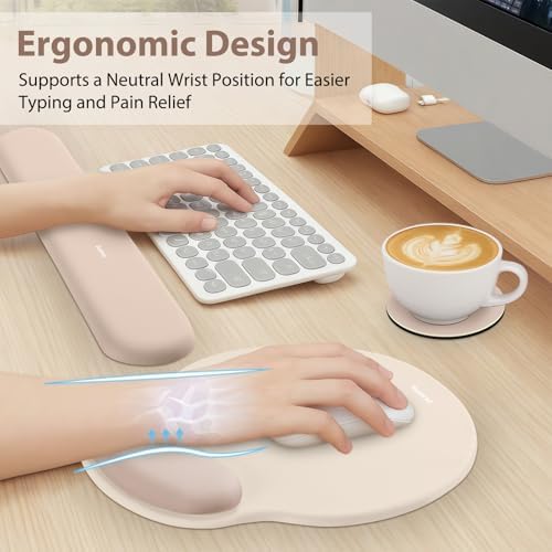 Sushret Mouse Pad and Keyboard Wrist Rest, 3-in-1 Gel Memory Foam Ergonomic Mouse Pad with Wrist Rest Set, Gaming Mousepad Arm Cushion Support for Computer Desk Accessories Cute Setup,Apricot Pink