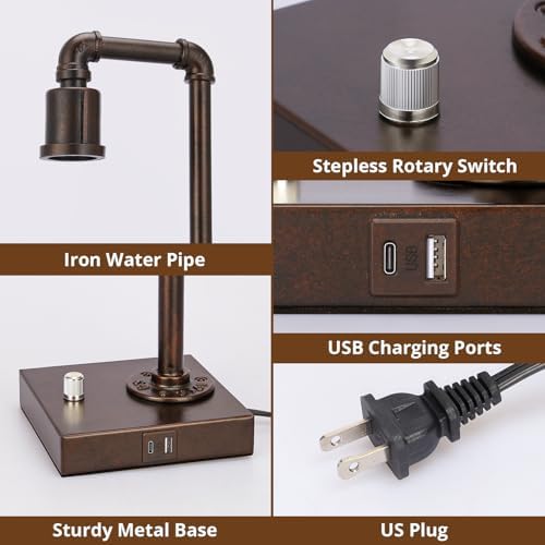 Industrial Table Lamp with Water Pipe Design, Fully Dimmable Bedside Lamp
