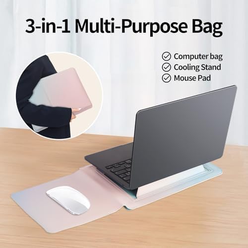 IMMOENUC 14 Inch 3-in-1 Laptop Sleeve with Adjustable Stand & Built-in Mouse Pad, PU Leather Protective Bag for 2026 MacBook Neo, 2026-2022 MacBook Air 13.6, 2026-2023 MacBook Pro 14, Icelandic Blue