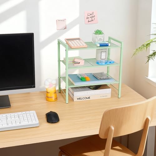 Adjustable Desktop Bookshelf, Metal Desk Shelf Organizer, Sage Green