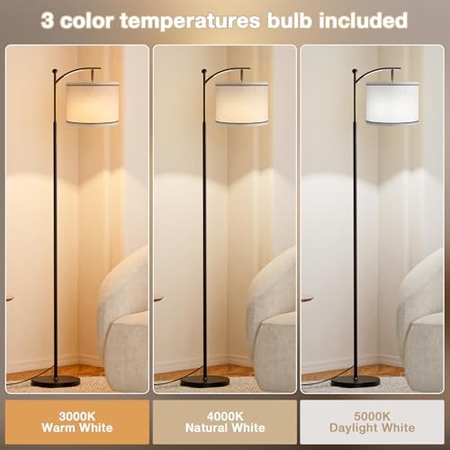 Ambimall 60" Floor Lamp for Living Room with 3 Color Temperatures, Beige Lampshade with Black Stripes, Tall Lamp for Bedroom Office, 9W Bulb Included