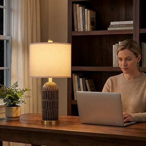 OYEARS 22.5" Bedside Table Lamps Set of 2, Farmhouse Table Lamp with USB A+C Charging Ports, Vintage Nightstand Lamp for Bedrooms and Living Rooms, Mid Century Modern End Table Lamp, Brown and Gold