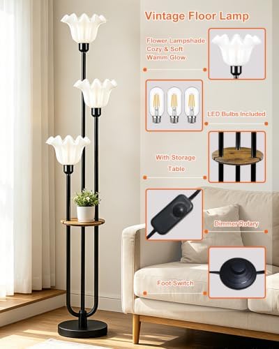Flower Floor Lamp for Living Room, Mid Century Modern Floor Lamp Dimmable with Shelf & LED Bulbs, 3 Light Black Vintage Floral Standing Tall Lamp for Bedroom Sofa Beside Corner Decor