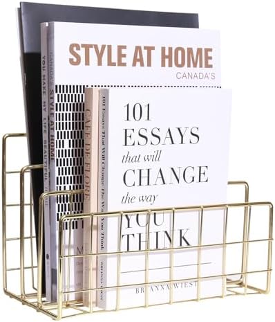 Metal File Organizer, 3 Vertical Sections, Desktop Paper/Mail/Letter/Record Holder, File Folder Holder Stand Rack Sorter for Office Desk Organization and accessories & supplies (Gold)