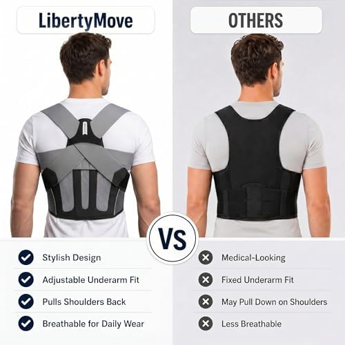 Posture Corrector for Men, Adjustable Upper Back Brace with Breathable Mesh Back, 4 Flexible Support Stays & Underarm Fit Adjustment, Back Straightener Helps Reduce Slouching Strain for Desk Work, Sitting, Reading & Posture Training