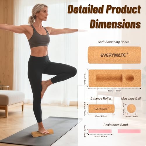 EVERYMATE Cork Balance Board Kit, Foot & Ankle Strengthener with Massage Roller/Ball,Balance Board Half & Half-Moon Ball, for Enhance Mobility & Prevent Falls Improve Foot Function for Home/Office/Gym