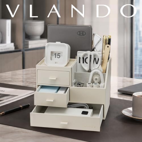 VLANDO Desk Organizer,PU Leather Office Storage with Compartments,Beige