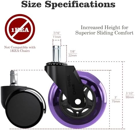 Office Chair Wheels Replacement,3" Rubber Casters 7/16" (11×22mm) Stem,Universal fit for Most Rolling/Gaming Chairs,Floor Protection for Carpet/Hardwood/Tile,Smooth&Quiet Rolling,Set of 5 (Purple)