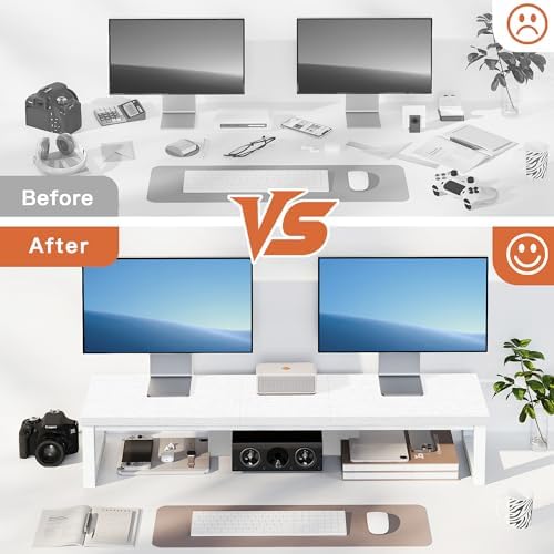 Dual Monitor Stand Riser, Large Computer Monitor Stand for 2 Monitors, Multi-Purpose Desk Organizers and Accessories, Wood and Steel Desk Shelf for Computer, Laptop, Printer, TV, White