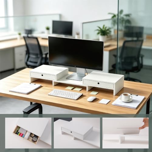 LAPTAIN Monitor Stand Riser, Adjustable Monitor Stand, 2 Drawers, White