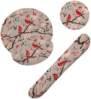 Cardinal Cherry Blossom Butterfly Keyboard Wrist Rest Pad and Mouse Pad Wrist Support Set,3-in-1 Ergonomic Mouse Pad with Non-Slip Rubber Base for Home Office Game Computers Desk,