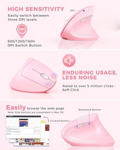 Ergonomic Mouse Wireless, Rechargeable Mouse Silent for Carpal Tunnel Right Hand, 2.4GHz USB Vertical Mouse Wireless for Laptop etc, 3 Adjustable 800/1200/1600 DPI, Pink