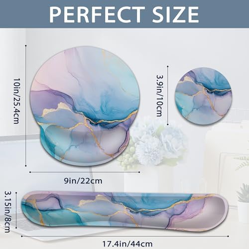 Pink Marble Wrist Rest Support for Mouse Pad Keyboard Set, Blue Gold Flowing Marble Mouse Pad with Non Slip Rubber Base for Home and Office Typing Support