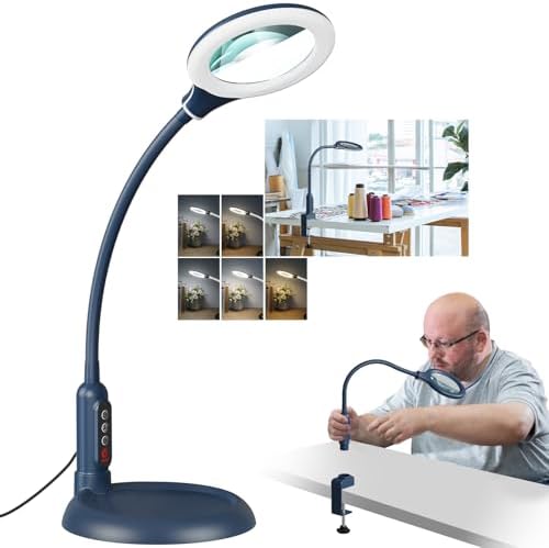 12X Magnifying Glass with Light and Stand, Real Glass, LED 5 Color Modes, Brightness Stepless Dimming Lighted Magnifier Hands Free, Flexible Gooseneck Desk Lamp with Clamp for Close Work, Craft, Blue