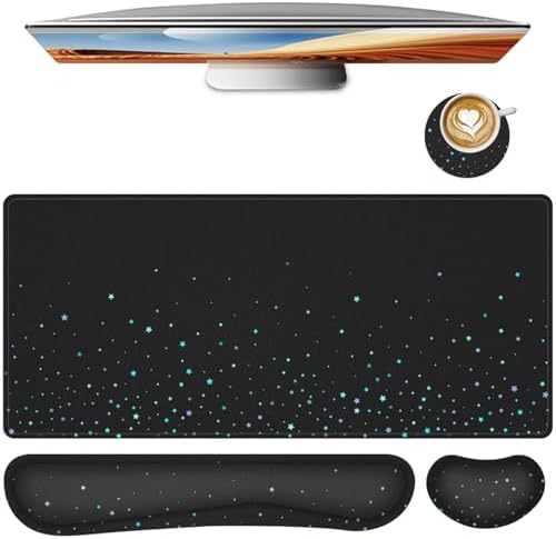 Desk Mat for Keyboard and Mouse,4in1 XXL Mousepad + Keyboard Wrist Rest+Mouse Wrist Rest+Coaster Set with Ergonomic Desk Pad for Home Office(Black Bluestar)