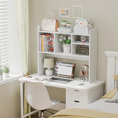 Nova Microdermabrasion Wooden Desktop Bookshelf with 6 Shelves–3-Tier Desk Organizer Hutch for Computer Desk, Home or Office (White)