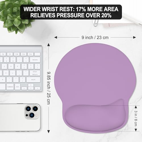 ITNRSIIET Ergonomic Mouse Pad with Wider Memory Foam Wrist Rest +17%, Curved Cushion Reduces Pressure 20%, Pain Relief, Non-Slip, Smooth, Cute Color Desk Accessory, 9.9 x 9 inch, Lavender Purple