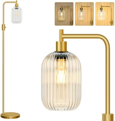 【Upgraded】 Dimmable Floor Lamp for Living Room with Clear Ribbed Glass Lampshade, Gold Modern Floor Lamp with 900LM LED Bulb Included, Arc Standing Tall Lamp for Bedroom, Office, Reading Room, Corner