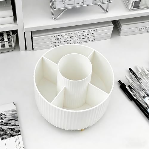 Pencil Pen Holder 5 Slots 360°Degree Rotating Pen Organizers for Desk Desktop Storage Stationery Supplies Cute Pencil Cup Pot Kids Desk Organizer for Office Home School（White 2