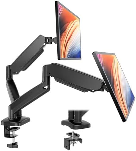 DUMOS Dual Monitor Mount for Desk, Gas Spring Monitor Arm for 2 Monitors Max 32 Inches, Fully Adjustable Double VESA Mount with C-Clamp/Grommet Base, Holds Screen 17.6 lbs