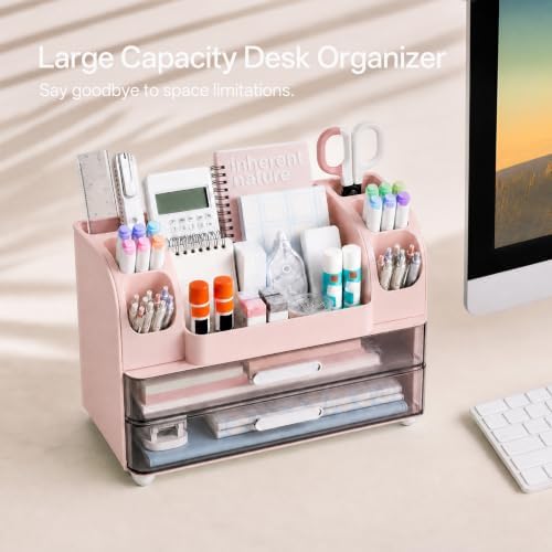 HBlife Desk Organizer with Pencil Pen Holder for Desk, Pen Organizer with 2 Drawers, Desk Organizers and Accessories with Compartments, Desktop Storage for Office, Home, School, Art Supplies, Pink