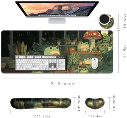 Desk Mat, Large Gaming Mouse Pad with Wrist Rest, 4 in1 XXL Mouse pad+Keyboard Wrist Rest+Mouse Pad Wrist Support+Cup Coaster Set, Ergonomic Desk Pad for Home Office,Cute Frog