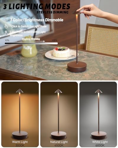 Brown Cordless Rechargeable Table Lamp 7200mAh Portable Touch Control Led Waterproof Brown Table Lamp for Bedroom Reading