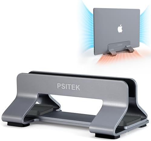 Aluminum Vertical Laptop Stand Dock Holder, Adjustable Slot Width 12-42mm, Space-Saving Upright Storage for MacBook and Laptops