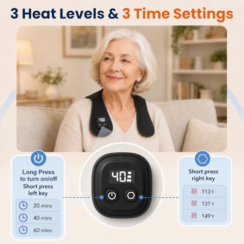 Cordless Electric Heating Pad for Neck & Shoulder, 5000mAh Rechargeable Neck Heating Pad with 3 Heat Levels 3 Time Settings, Portable Small Thin Mini Heated Neck Wrap (Black)