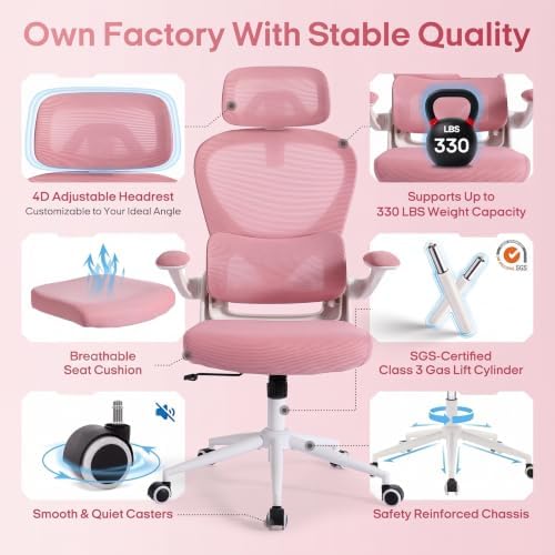 LuxErgo Ergonomic Office Chair, High Back Home Office Chair with 4D Adjustable Headrest & Lumbar Support, 330lbs Capacity Mesh Desk Chairs with Flip-Up Arms, Comfortable Computer Chairs, Pink
