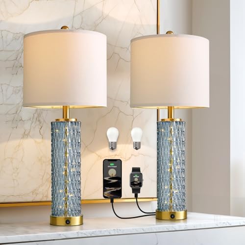 Oneach 27.75" Blue Table Lamps Set of 2 with LED Nightlight for Bedside